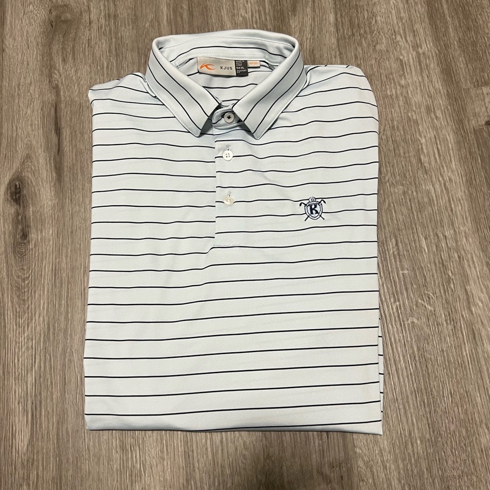 KJUS Men's‎ Light Blue & Navy Striped Polo, size XL